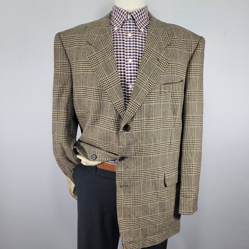 JD Christopher Men's Sport Coat Blazer Three Button Beige Plaid‎ Silk Wool 46L